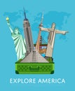 Explore America banner with famous attractions.