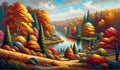 an arboretum by the lake, showcasing a diverse collection of trees in their autumn glory. landscape background, painting