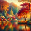 an arboretum by the lake, showcasing a diverse collection of trees in their autumn glory. landscape background, painting