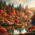 an arboretum by the lake, showcasing a diverse collection of trees in their autumn glory. landscape background