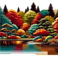 an arboretum by the lake, showcasing a diverse collection of trees in their autumn glory. landscape background, Vector