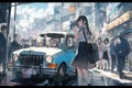 Explore the bustling streets of a retro - futuristic city through the eyes of a determined taxi driver anime girl, manga style Royalty Free Stock Photo