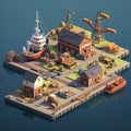 Docks waterfront scenes with ships warehouses and bustling maritime activity AI Isometric view