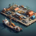 Docks waterfront scenes with ships warehouses and bustling maritime activity AI Isometric view