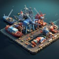 Docks waterfront scenes with ships warehouses and bustling maritime activity AI Isometric view