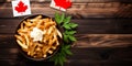 Iconic Canadian Delicacies: Poutine and Maple Syrup Flat Lay Scene