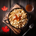 Iconic Canadian Delicacies: Poutine and Maple Syrup Flat Lay Scene