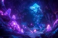 Explore a captivating cave illuminated by neon light. Glowing minerals create a magical atmosphere, evoking wonder in this Royalty Free Stock Photo