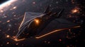 Futuristic Conceptual Spaceship Rendering in Space with Glowing Elements and Starry Background, Showcasing Advanced Design and
