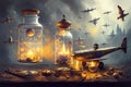 Illuminated Jars with Alchemical Symbols and Candles, Amidst Historically Inspired Flying Machines. AI generated