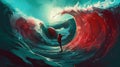 Red Wave Painting: Imagining a Waterless Universe with Dark Red Naturalistic Ocean Waves and Distorted Figures, Generative AI