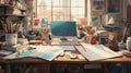 Chaotic Workspace. Desk, Book, computer. Generative AI