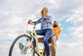 Explore city. Man and woman rent bike to discover city as tourist. Bike rental or bike hire for short periods of time