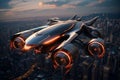 Explore a city skyline where futuristic flying