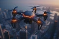 Explore a cityscape where drones efficiently