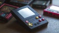 Retro handheld gaming device showcase indoor space product photography vibrant environment creative angle nostalgia appeal