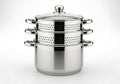 Stainless steel multi-tier steamer pot set for healthy cooking and delicious meals isolated on white background Royalty Free Stock Photo