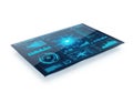 Futuristic digital interface glowing with neon blue and teal technology data visualizations white background Royalty Free Stock Photo