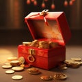 Creative Design of Gifts 3D-Rendered Red Box with Gold Coins and Texture Details,ai generated