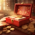 Creative Design of Gifts 3D-Rendered Red Box with Gold Coins and Texture Details,ai generated