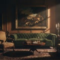 Dark Vintage Lounge Interior with Green Sofa and Dramatic Classic Lighting Ambiance Royalty Free Stock Photo
