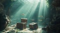 Underwater treasure chests with fish swimming in ocean light rays stock photo for sale and download Royalty Free Stock Photo