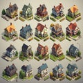 Houses collection of diverse houses ranging from cozy cottages to ultramodern villas AI Isometric