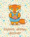 Explore dream discover. Cute card with little fox and ship. Royalty Free Stock Photo