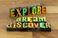 Explore dream discover travel journey lifestyle letterpress Royalty Free Stock Photo