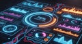 Futuristic digital interface with neon glowing data visualizations and circular controls isolated on white background Royalty Free Stock Photo