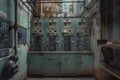 Vintage, decrepit industrial control room with rusty panels and old equipment