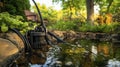 Durable submersible water pump installation for garden pond outdoor residential area equipment natural setting close-up view Royalty Free Stock Photo