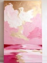 Explore the emotional tone conveyed by the vertical pink and gold abstract oil painting on canvas Royalty Free Stock Photo