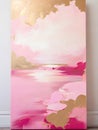 Explore the emotional tone conveyed by the vertical pink and gold abstract oil painting on canvas Royalty Free Stock Photo