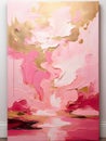 Explore the emotional tone conveyed by the vertical pink and gold abstract oil painting on canvas Royalty Free Stock Photo