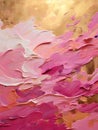 Explore the emotional tone conveyed by the vertical pink and gold abstract oil painting on canvas Royalty Free Stock Photo