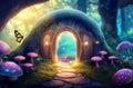 Explore an Enchanted Fairy Tale Forest: Secret Door, Mystical Light, Mushrooms, and Fairytale Butterflies Await.