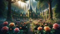 Rose Haven: AI Generated Castle Courtyard Blooms with Floral Majesty