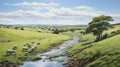 Pastoral Harmony: Ultra-Realistic Depiction of a Serene Countryside with Rolling Hills, Grazing Sheep, and a Tranquil River - AI G