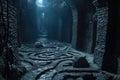Explore the enigmatic confines of a dark tunnel with a captivating maze at its heart, A dimly lit labyrinth with towering stone