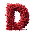 Letter D from the alphabet made of red roses and petals.