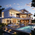 3d rendering of modern cozy house with pool and parking for sale or rent in luxurious style. Ai generative