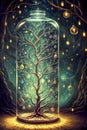A Leafless Tree Encased in a Jar Amidst Alchemical Symbols in a Fantastic Forest. AI generated