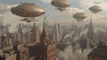 Steampunk Metropolis: Victorian Cityscape with Airships and Mechanical Marvels Royalty Free Stock Photo