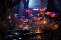 Explore a fantastical realm with vibrant glowing mushrooms and flowers in a magical forest