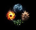 Earth, water, air, fire. Four elements of nature. 4 elements. Isolated black background. concept art illustration.