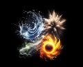 Earth, water, air, fire. Four elements of nature. 4 elements. Isolated black background. Glowing elements on a black background. Royalty Free Stock Photo