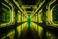 Futuristic Interiors: Green and Yellow Neon Symmetry 8K HD Desig