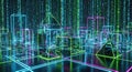 Abstract Neon Cityscape with Binary Code Rain and Geometric Shapes Royalty Free Stock Photo