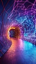 Explore a Futuristic Tunnel with Intersecting Neon Geometric Lines Forming an Intricate, Glowing Grid